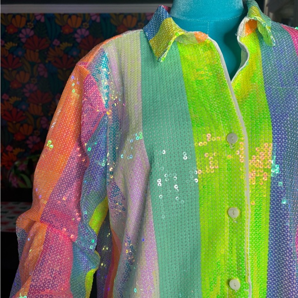 Colorful Neon Sequin Button-Up Shirt - Picture 2 of 3